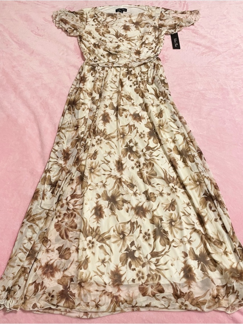 Women’s Cottagecore Floral Cream Brown Long Maxi Dress Size Small